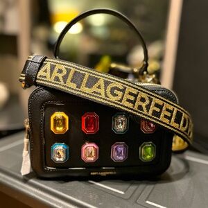 Karl Lagerfeld Paris Simone Small Leather Crossbody Multi Jewels - Black - NWT